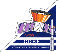 COBE Logo; a triangular design with a picture of the COBE satellite and a small picture of a rocket.  